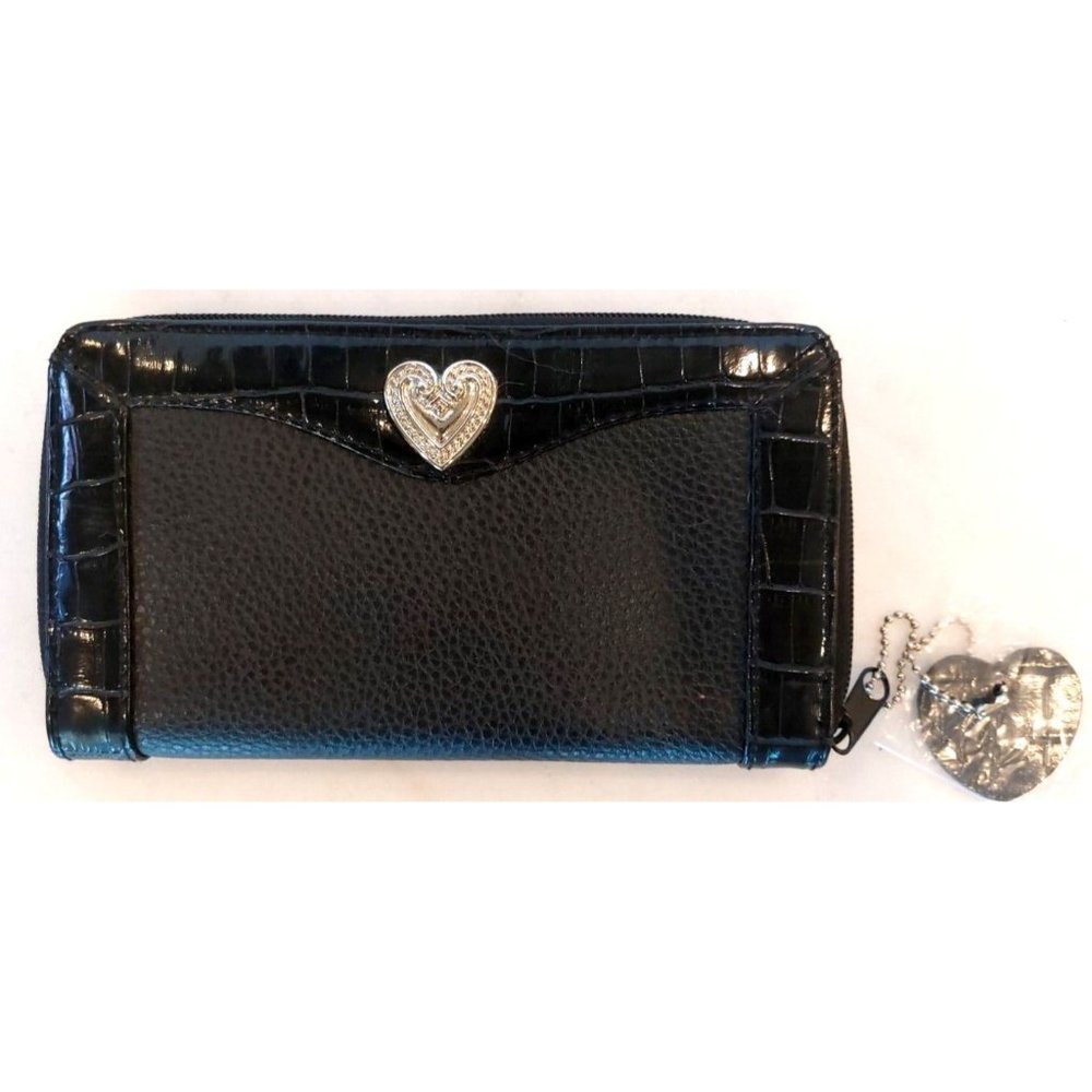 Brighton Bellissimo Heart Black Patent‎ Leather Croc Embossed Pebbled Wallet New